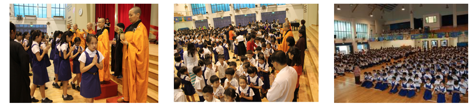 Three photos show uniformed school children bowing with hands pressed together before Buddhist monks in orange robes inside a hall.