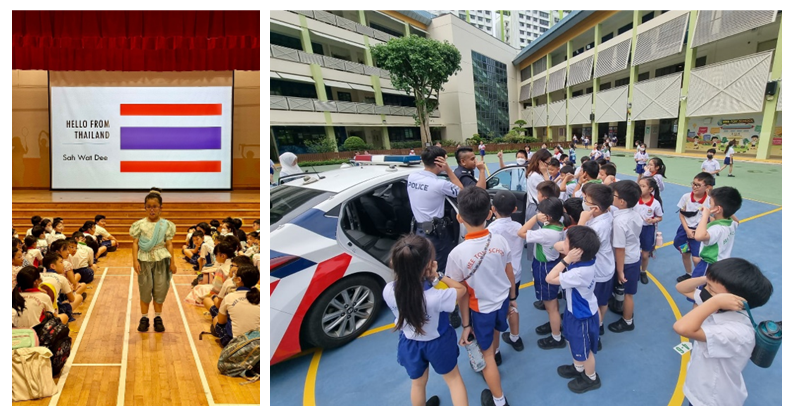 Two school scenes: a student presenting about Thailand indoors, and children gathered around a police car outdoors.