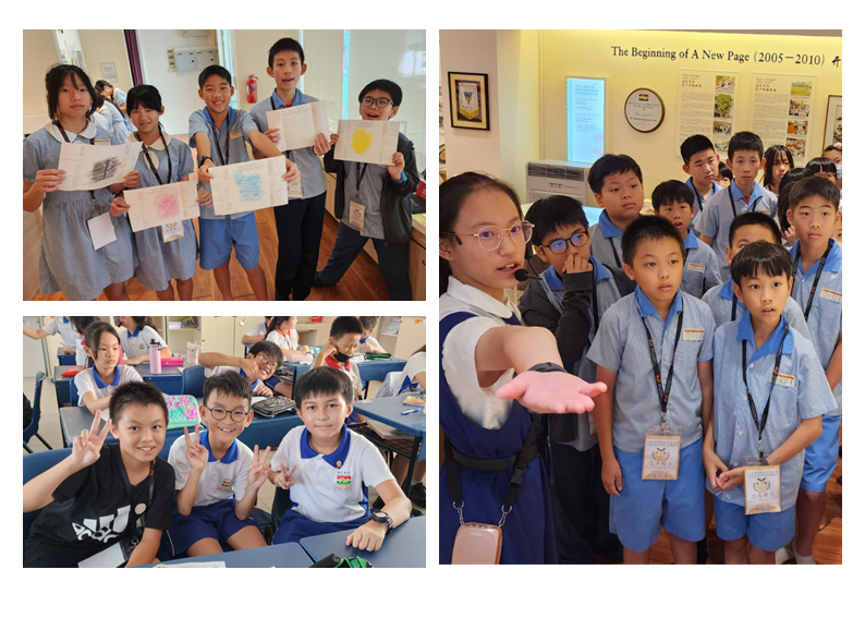 School children in uniforms pose, hold drawings, make peace signs, and listen to a guide in an exhibit room.