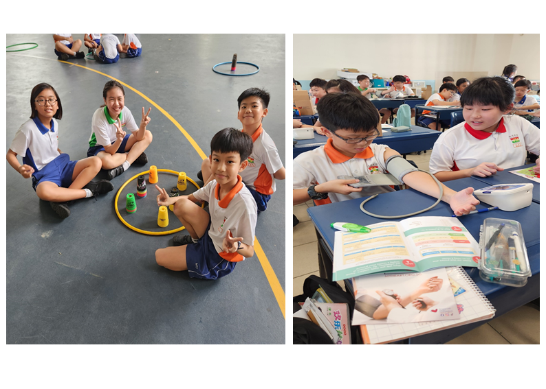 Students play with stacking cups on a gym floor left, and use a blood pressure monitor at a classroom desk right.