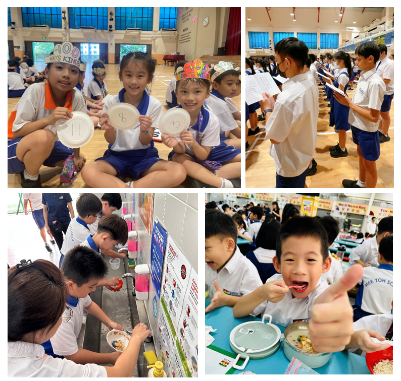Four school scenes: kids holding numbered plates, students reading, children washing hands, and a boy giving thumbs up while eating.