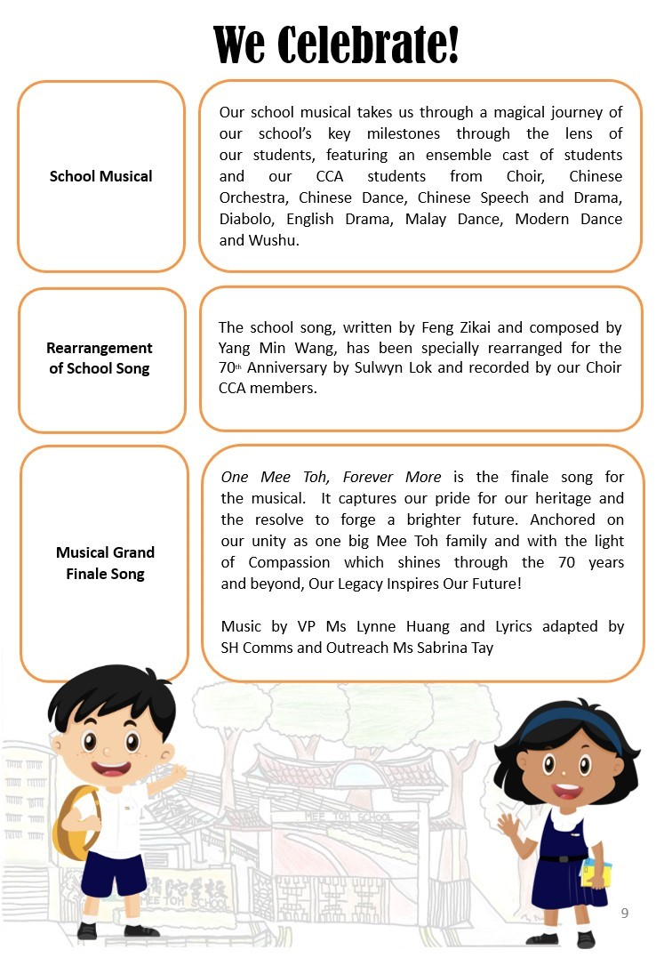 A school celebration flyer titled "We Celebrate!" with text about a school musical, song, and two cartoon student characters.