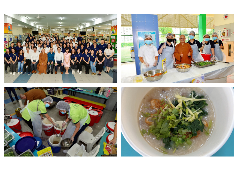 Four photos showing a large staff group, volunteers preparing food, workers cooking, and a bowl of noodle soup with vegetables.