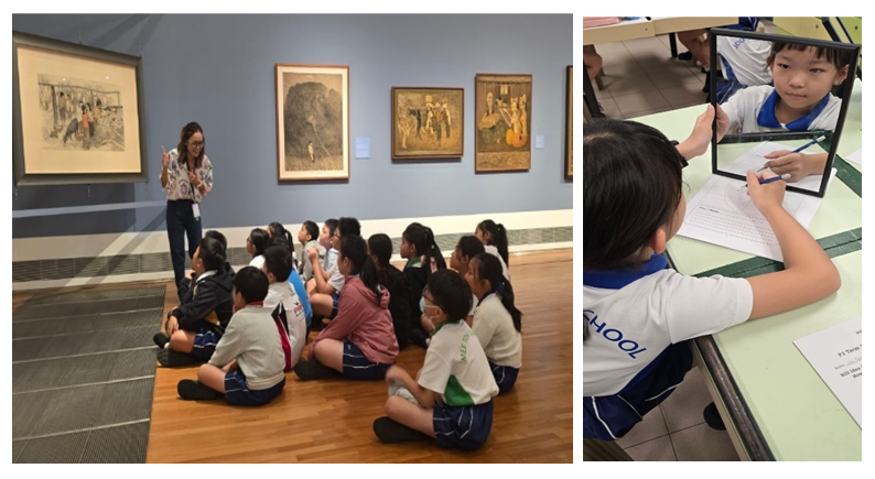 Students sitting on a gallery floor listening to a guide, and a child writes while looking into a small mirror at a desk.