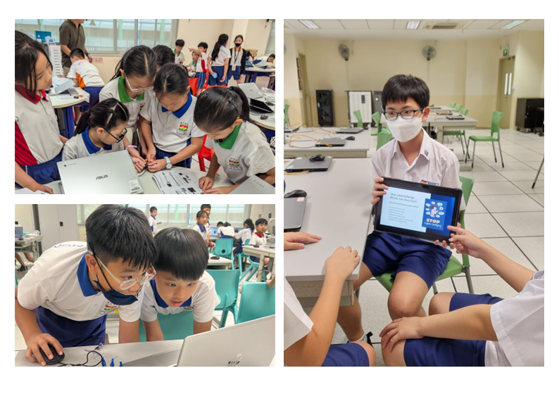 Students in school uniforms collaborate on laptops and a tablet in a classroom setting.