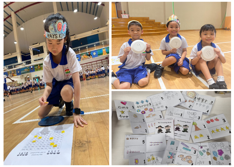 Young children in school uniforms doing number activities in a gym, holding plates with numbers and counting booklets.