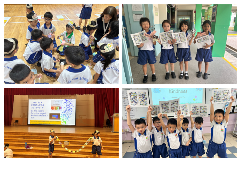 Young students in school uniforms participate in kindness-themed activities including group work, a chain game, and holding up posters.