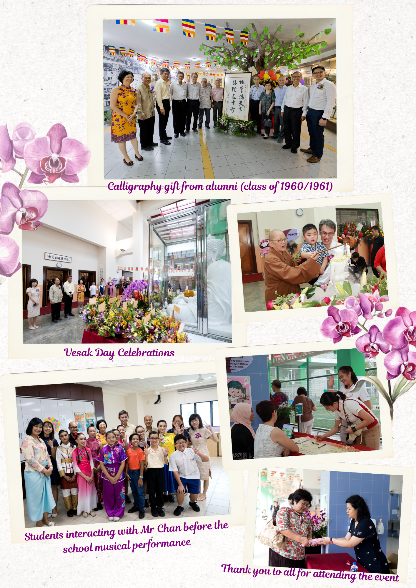 Collage of Vesak Day school photos: group by calligraphy, temple offerings, students, and event greetings.