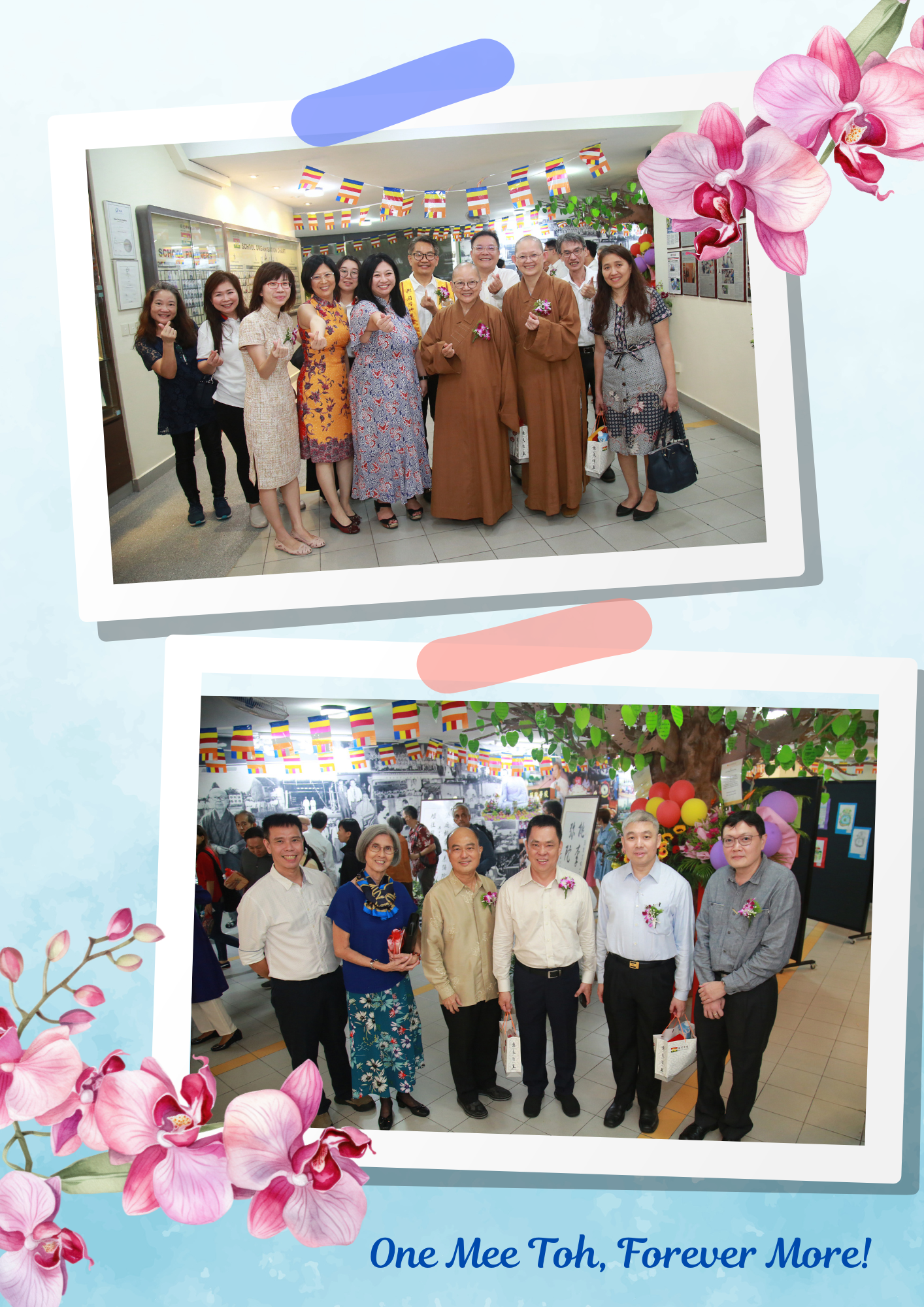 Two group photos from a Buddhist event with colorful flags, monks in robes, and smiling attendees indoors.