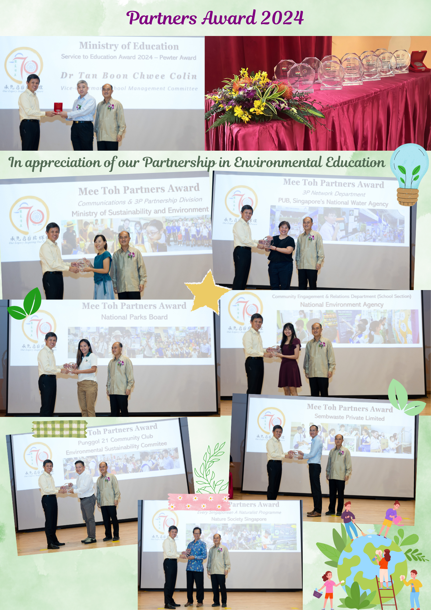 Collage of Mee Toh Partners Award 2024 ceremony photos showing recipients receiving crystal trophies on stage.