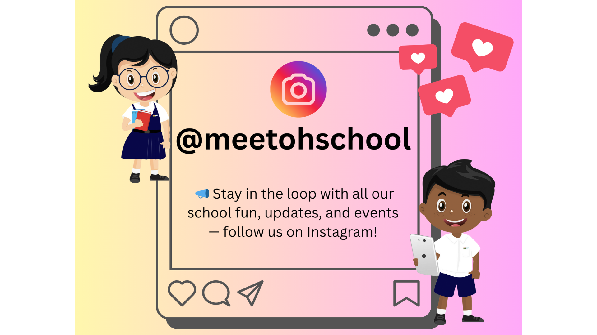 Banner promoting Mee Toh School's Instagram account (@meetohschool), featuring illustrated cartoon students holding school supplies and a smartphone beside an Instagram post frame