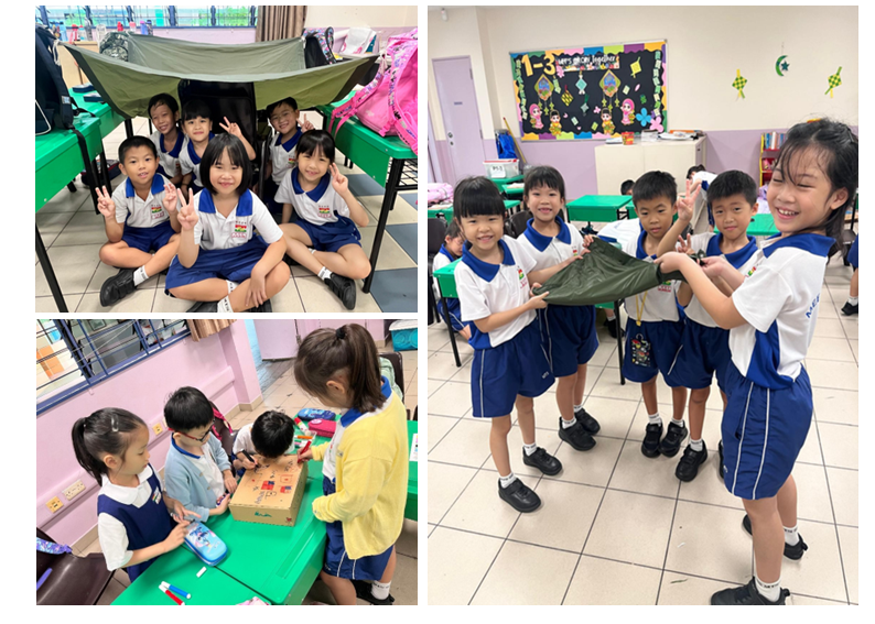 Young students in blue and white uniforms smile, pose, and do activities in a colorful classroom setting.