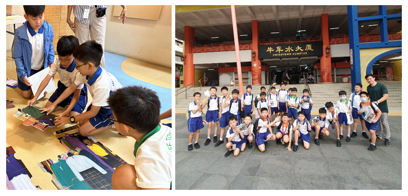 Students in uniforms examine materials on a floor indoors, and pose as a group outside Chinatown Complex.