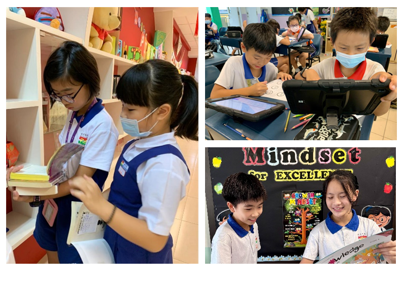 Three school scenes: kids reading books, students using tablets in class, and two children by a Mindset for Excellence board.