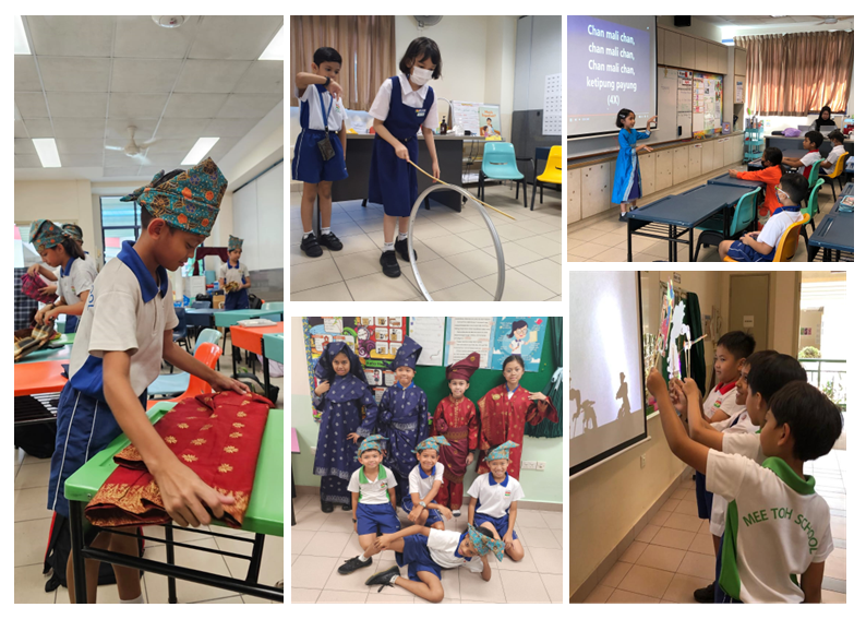 Students in school uniforms and traditional costumes participate in cultural activities including hoop play, shadow puppets, and group posing.