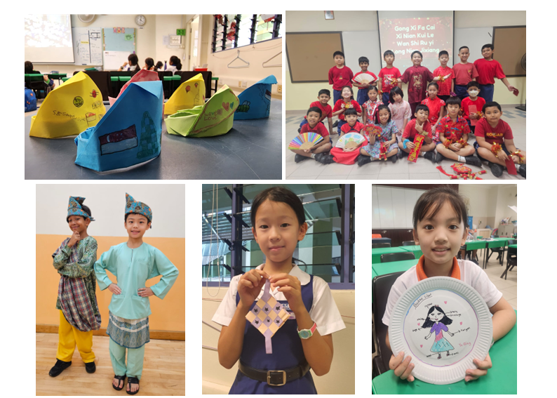 Five photos of children celebrating multicultural festivals, showing crafts, traditional costumes, and a group in red Chinese New Year attire.