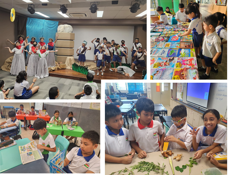 Four school scenes: children performing on stage, browsing books, reading in class, and examining plants at a table.