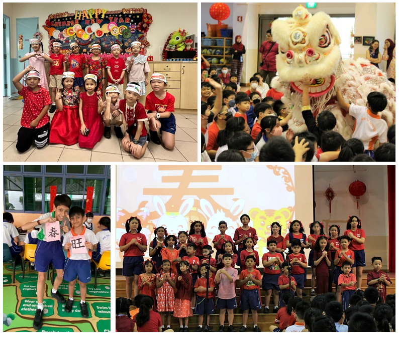 Children celebrating Chinese New Year with a lion dance, group photos, and a stage performance.