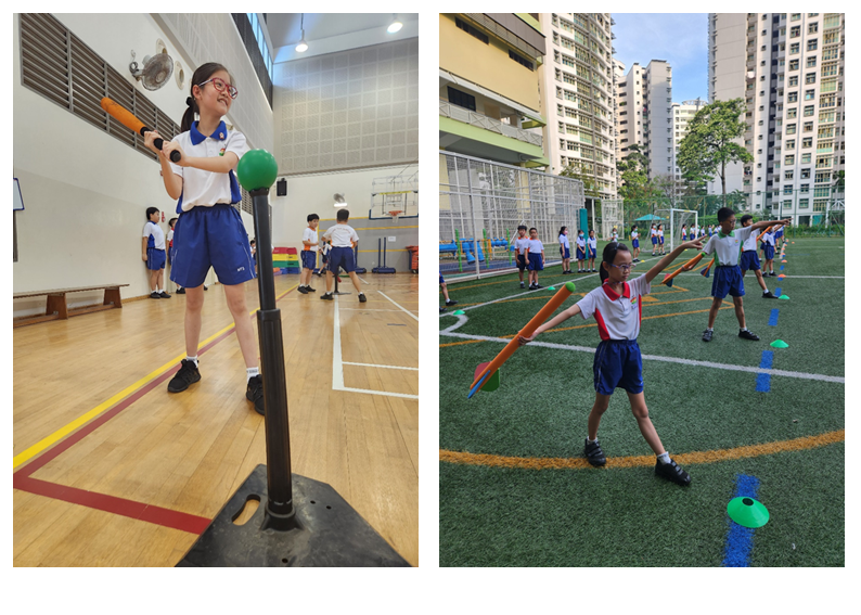 Students in uniforms play sports: one hits a tee ball indoors, another swings foam batons on an outdoor field.