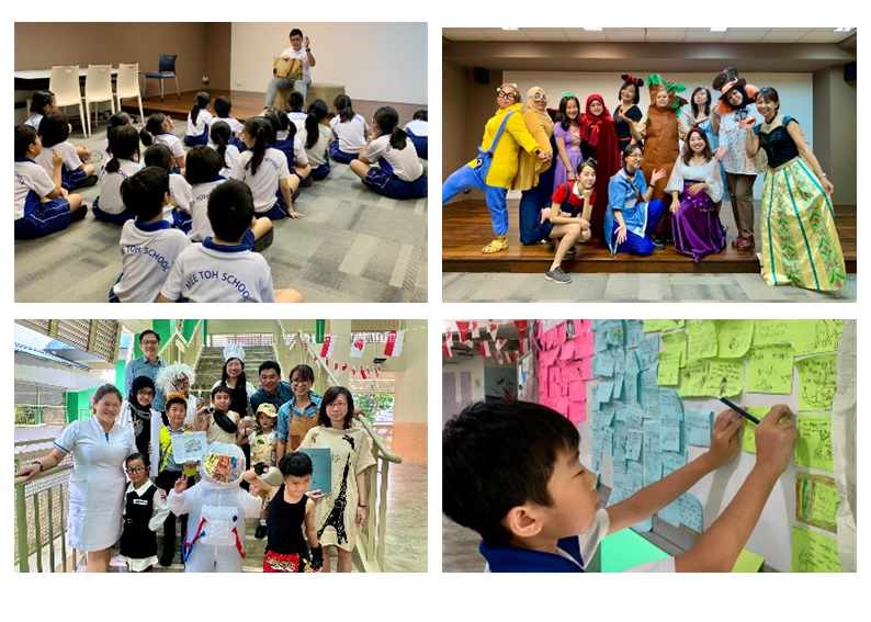 Four school scenes: students in a lesson, adults in costumes, a group on stairs, and a child writing on sticky notes.