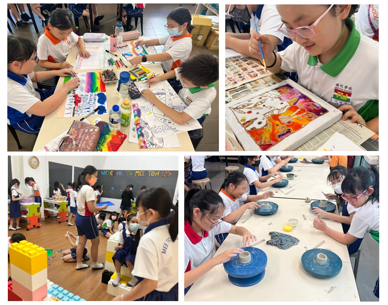 Children in school uniforms doing art activities: drawing, painting, building with blocks, and pottery.