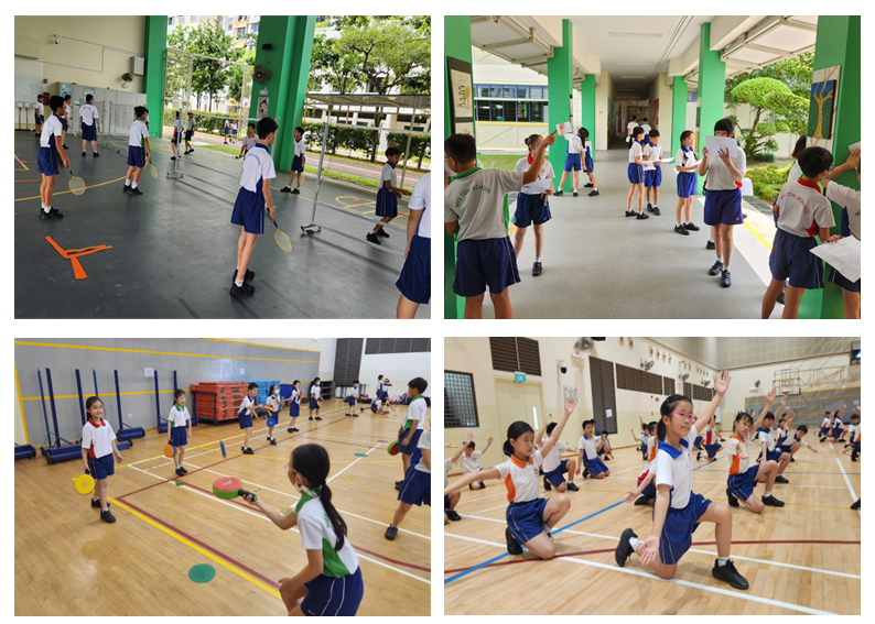 Four photos of uniformed school children playing badminton, doing exercises, and gymnastics indoors and outdoors.