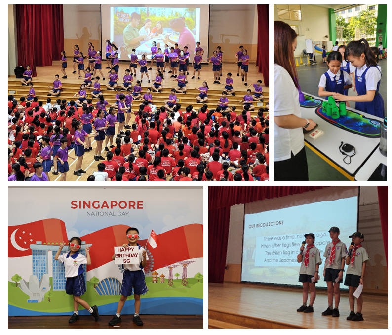 Four school event scenes: assembly, activity booth, Singapore National Day photo booth, and students presenting on stage.