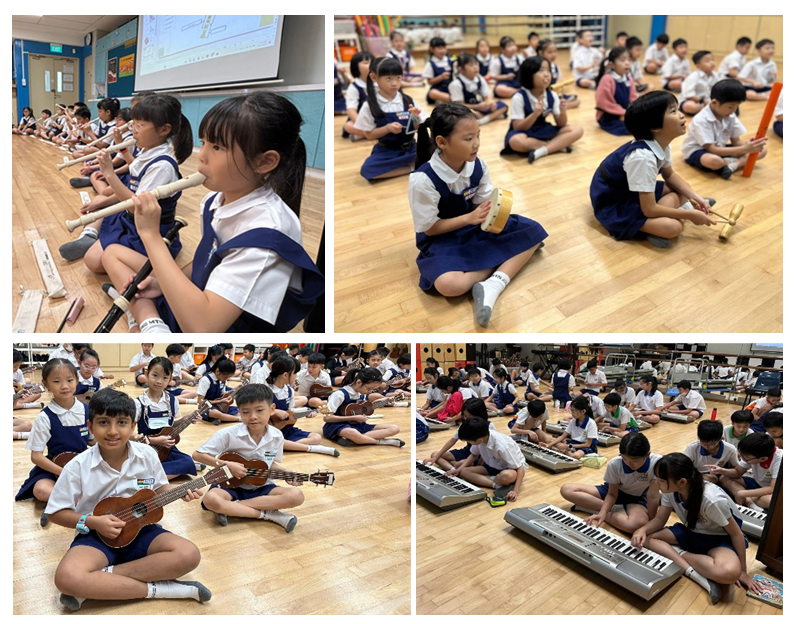 Young students in school uniforms sit on a wooden floor playing flutes, tambourines, ukuleles, and keyboards.