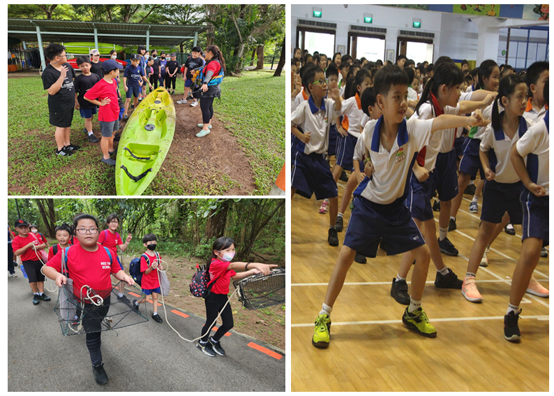 Three scenes of school children: kayak lesson outdoors, kids pulling a cart on a path, and students exercising in a gym.