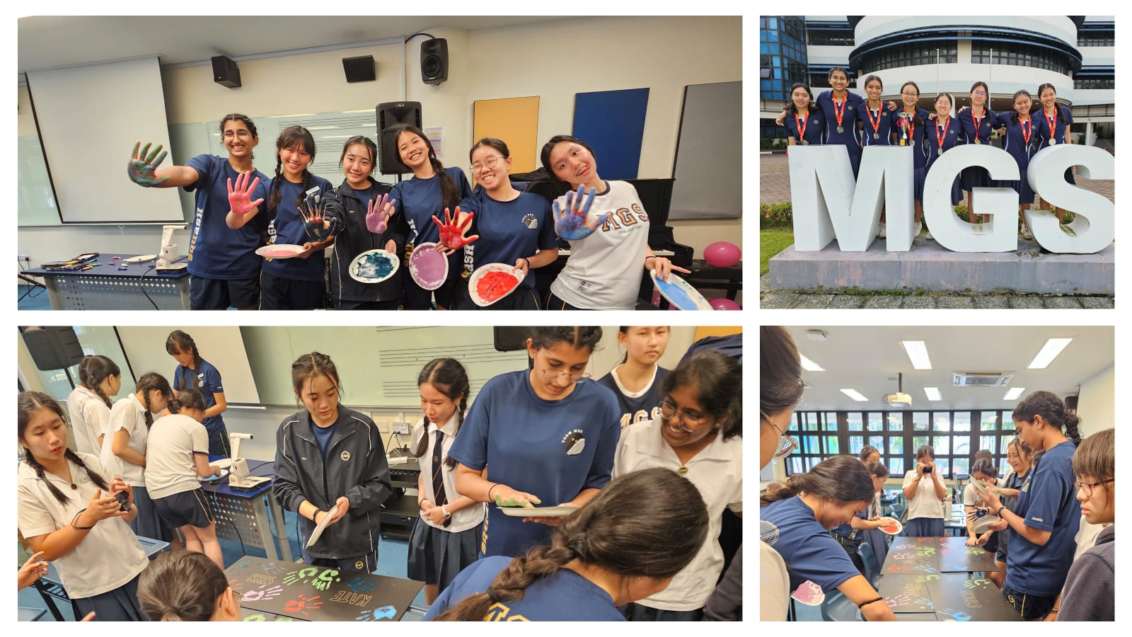 Students with paint-covered hands pose indoors and outdoors near MGS letters, doing a colorful handprint art activity.