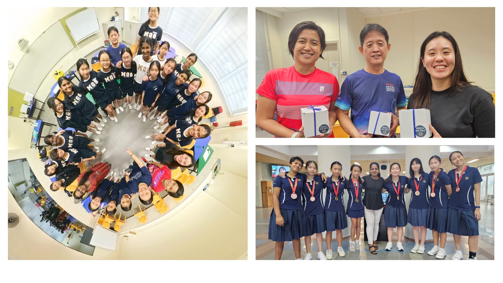 Three photos: students in a circular fisheye group shot, three adults holding gift boxes, and a team of girls wearing bronze medals.