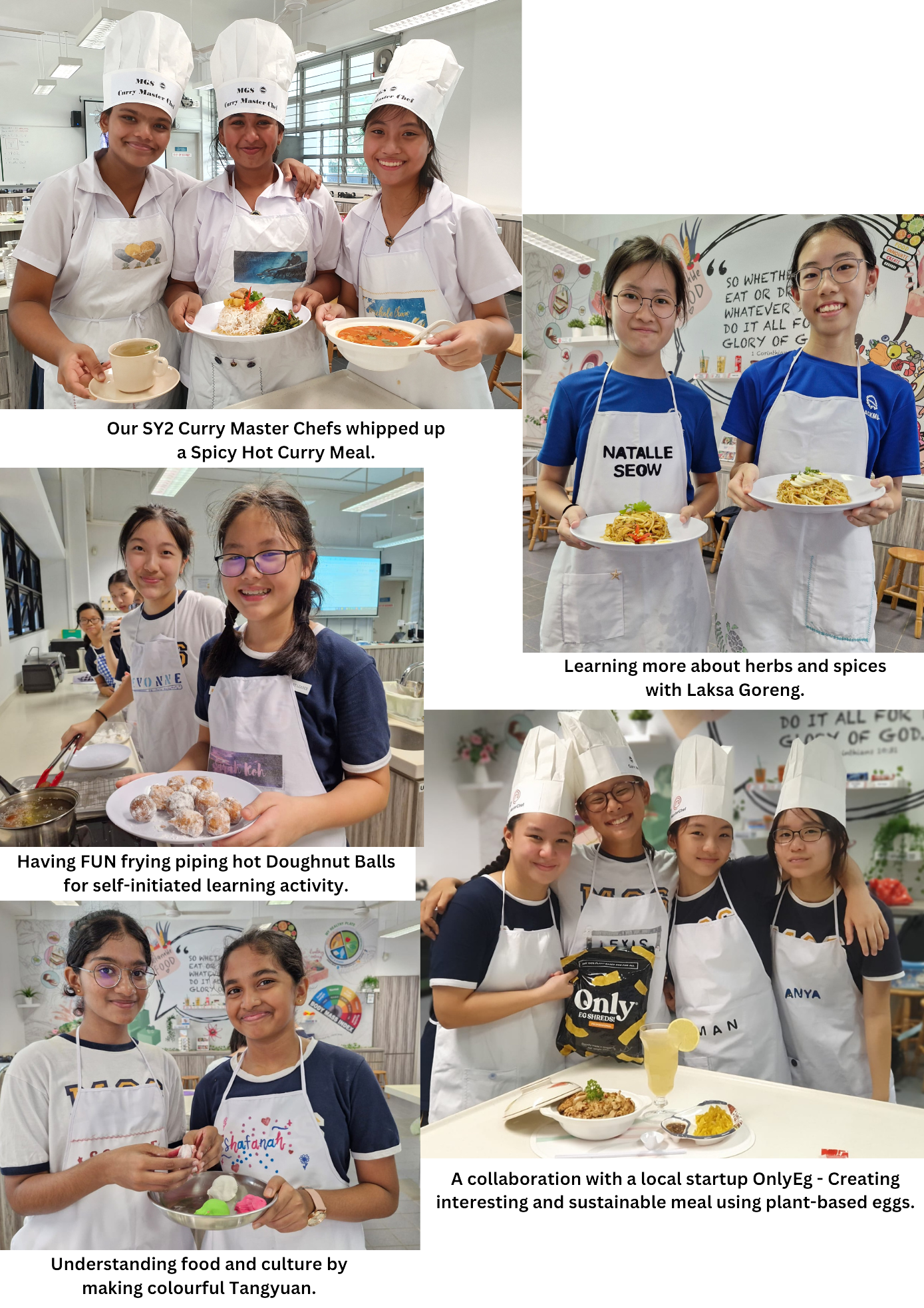 Six photos of students in aprons and chef hats cooking dishes including curry, laksa, doughnuts, tangyuan, and plant-based meals.