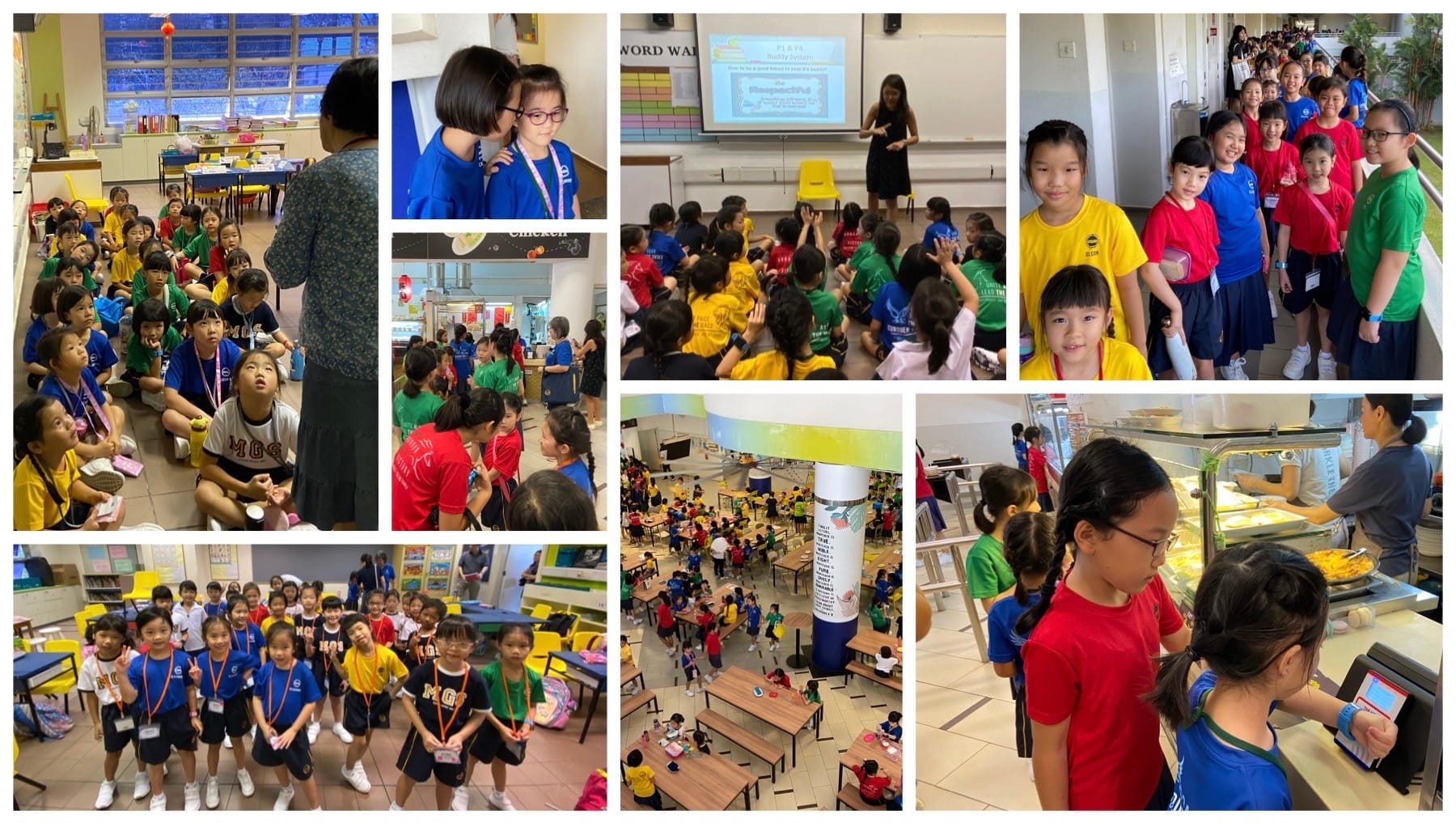 Collage of young students in colorful school uniforms during orientation activities including a classroom presentation and cafeteria visit.