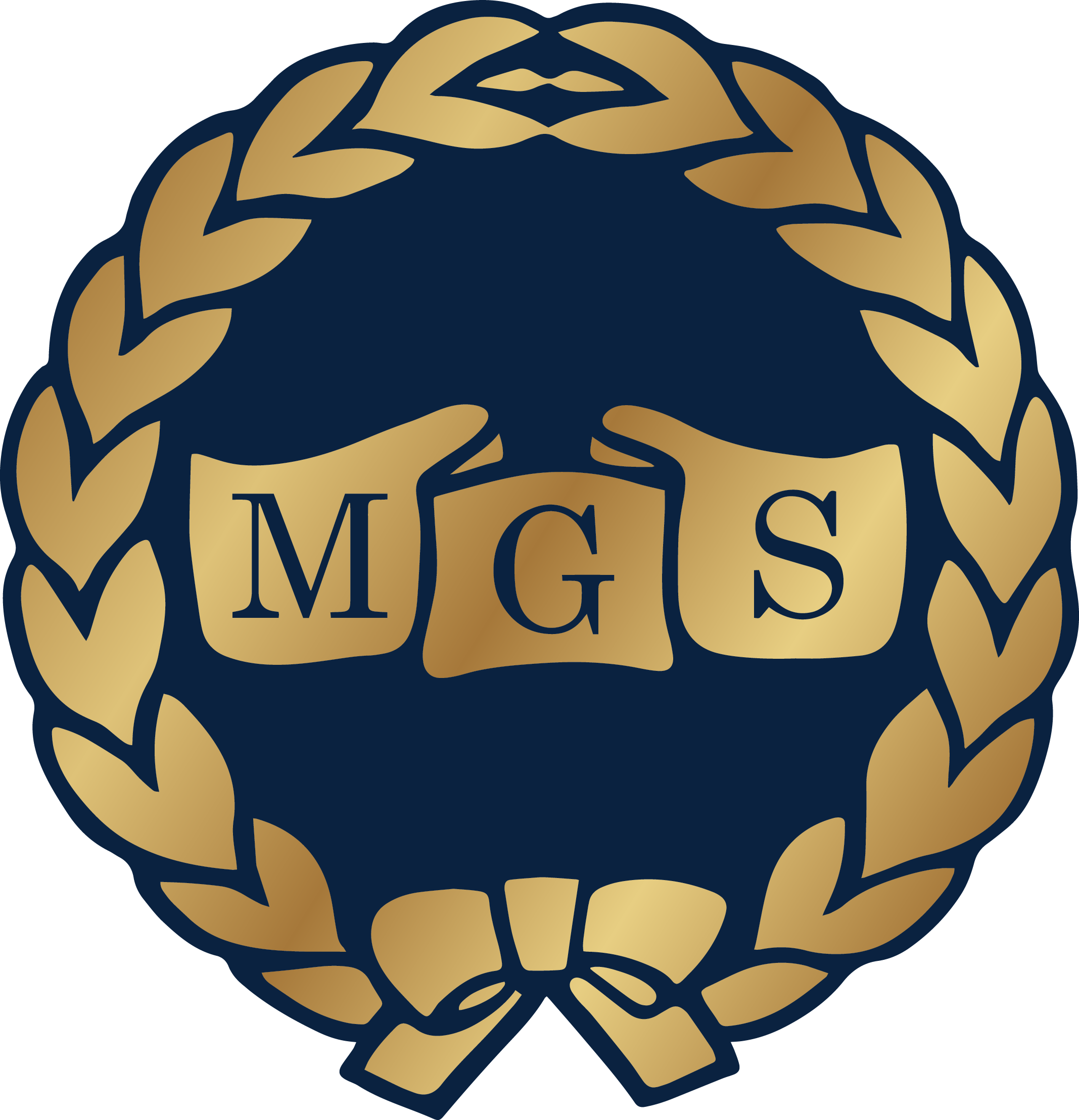Gold laurel wreath on navy blue circular seal with letters MGS on a ribbon banner, tied at the bottom.