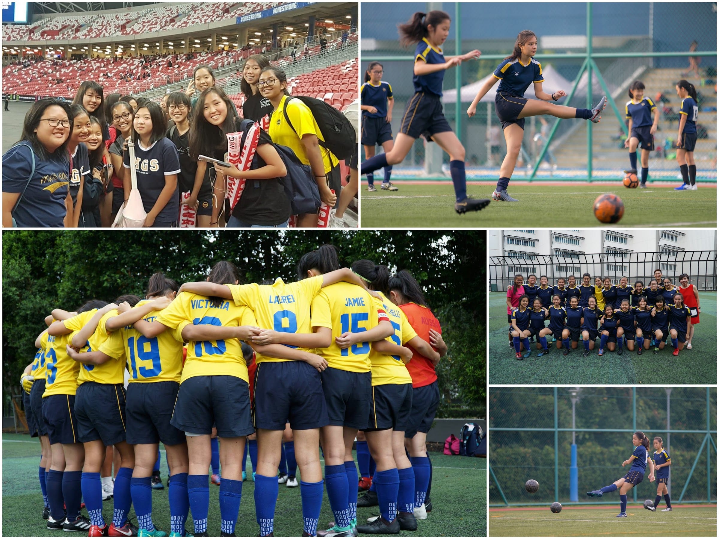A collage of a girls' soccer team huddling, posing, kicking a ball, and grouping at a stadium.