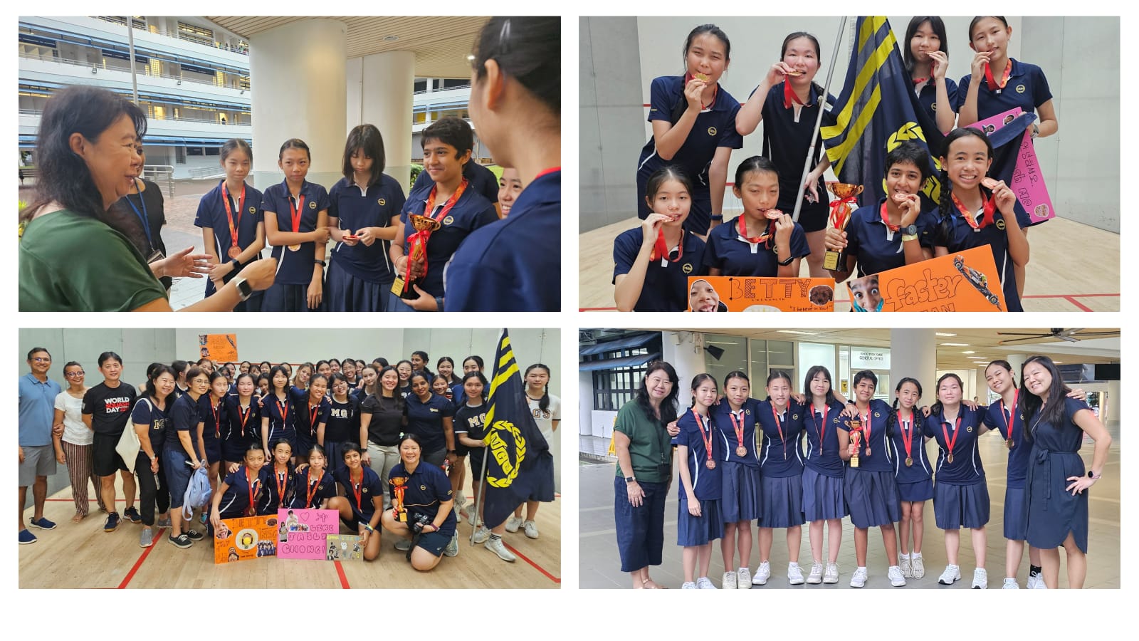 Four photos of schoolgirls in navy uniforms celebrating with medals, trophies, a flag, and colorful signs.