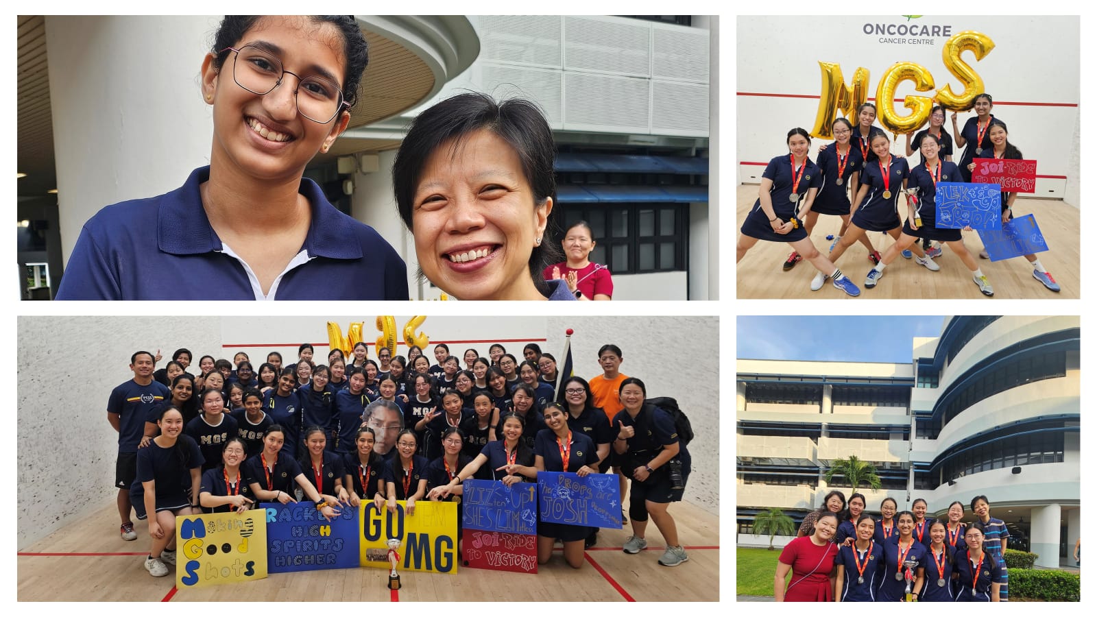 Collage of MGS school sports team celebrating with medals, colorful signs, and gold MGS letter balloons.