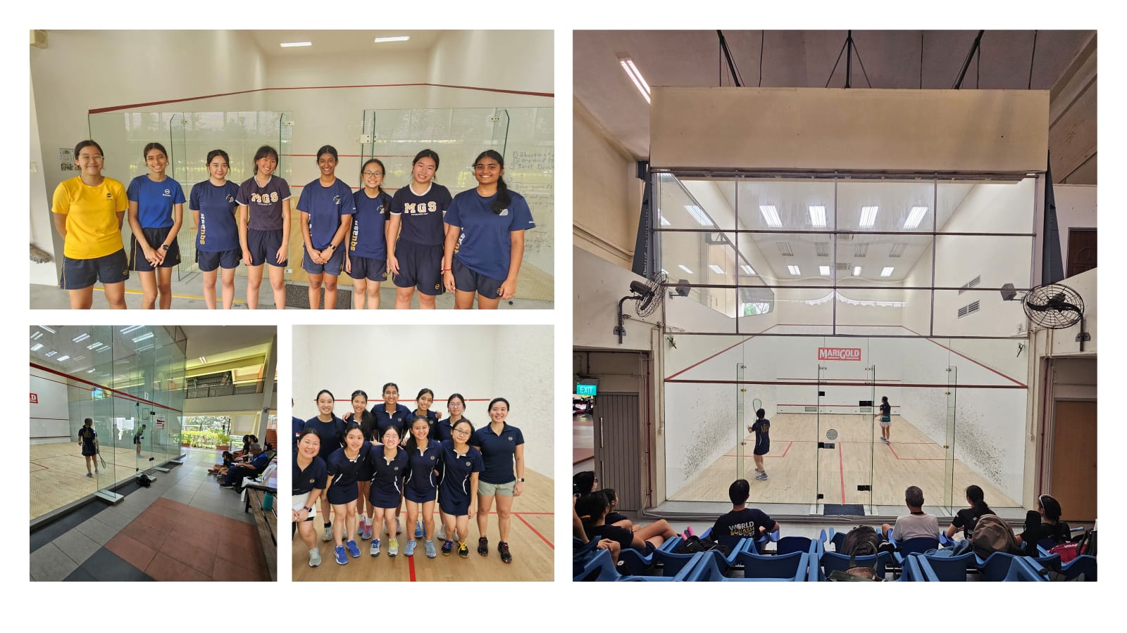 Four photos of a school squash team posing and playing matches on glass-walled indoor squash courts.