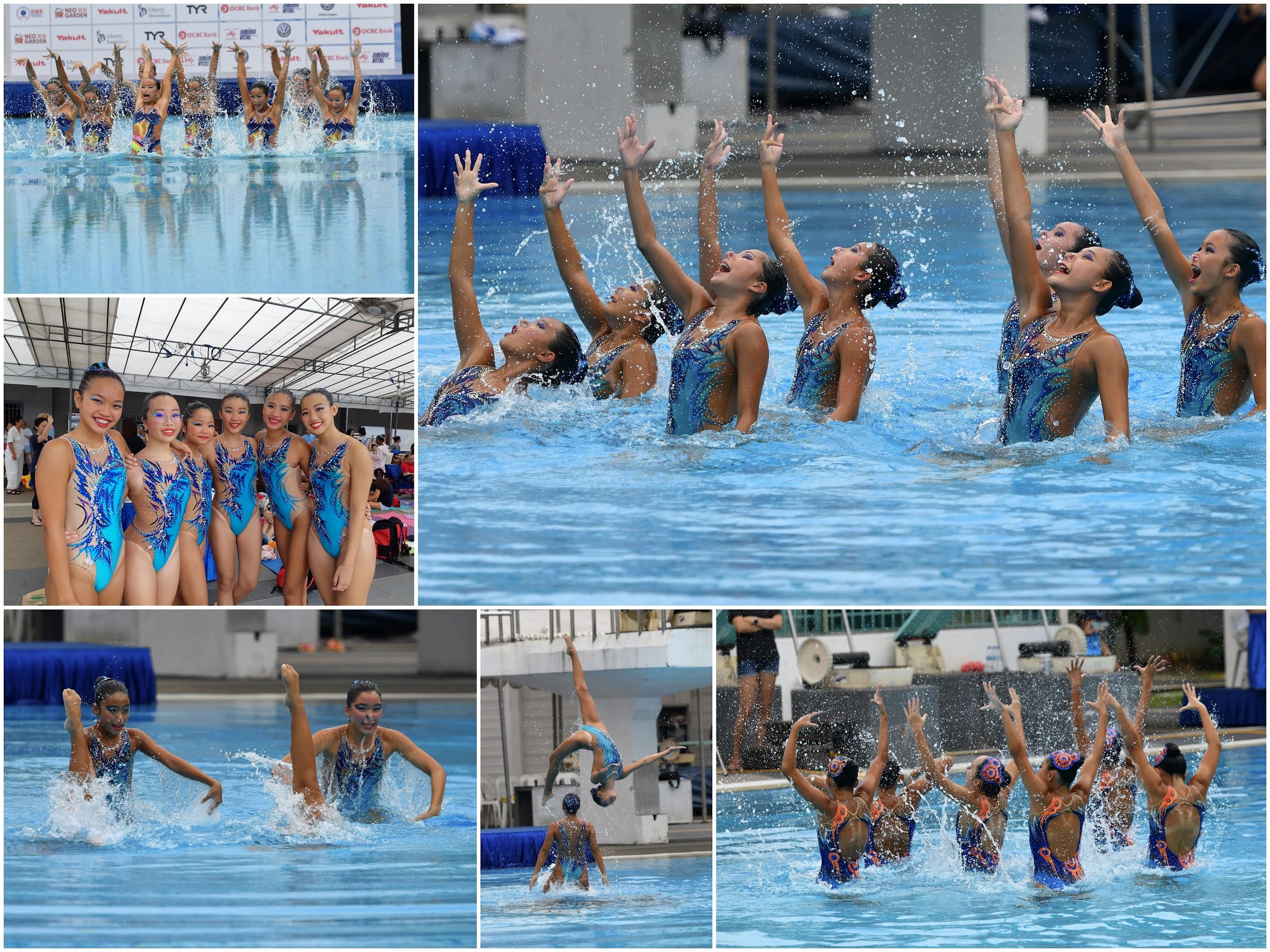 Collage of synchronized swimmers in blue sequined suits performing routines and posing poolside at a competition.