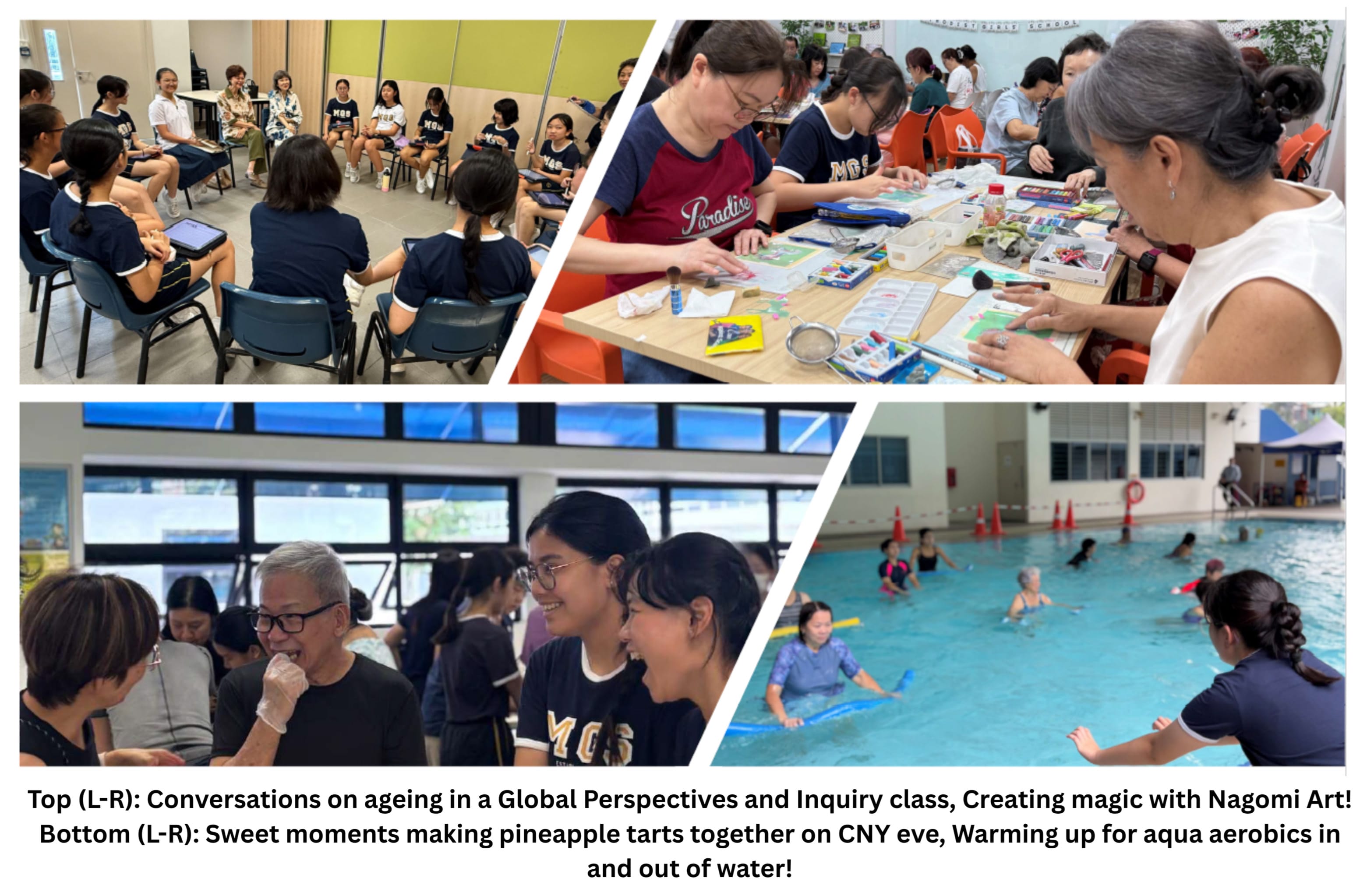 Four scenes showing students and elderly doing circle discussion, Nagomi art, making pineapple tarts, and aqua aerobics.