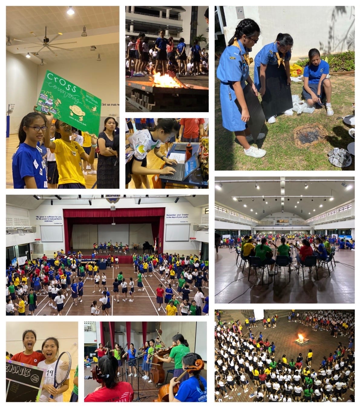 Collage of school students doing activities: holding signs, campfire, computing, music, tennis, and large hall gatherings.