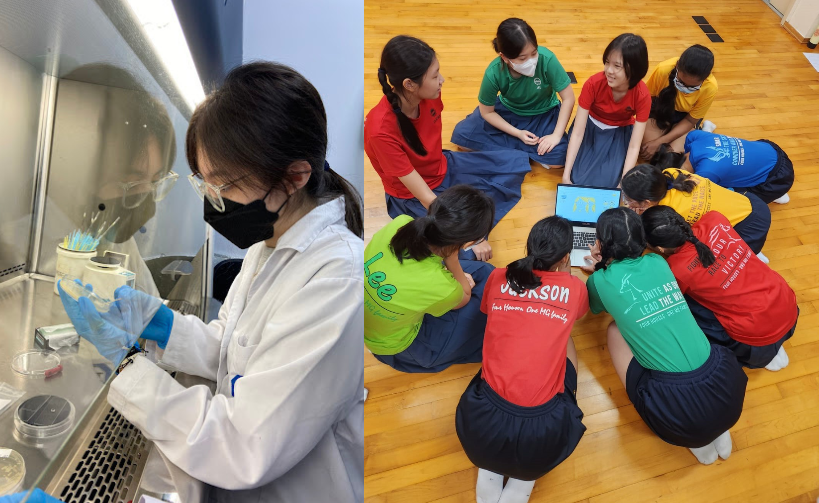 Student in lab coat and mask handling samples; group of students sit on floor around laptop.