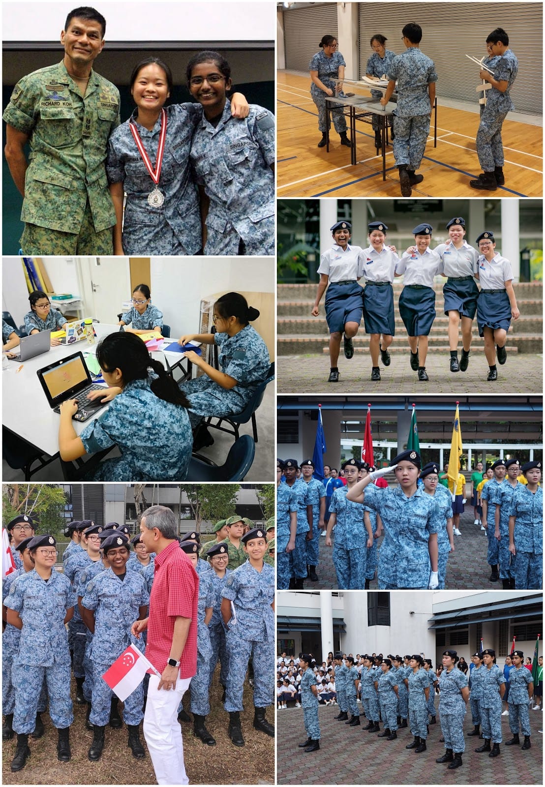 Collage of youth cadets in blue uniforms doing activities including drills, awards, laptop work, and group gatherings.