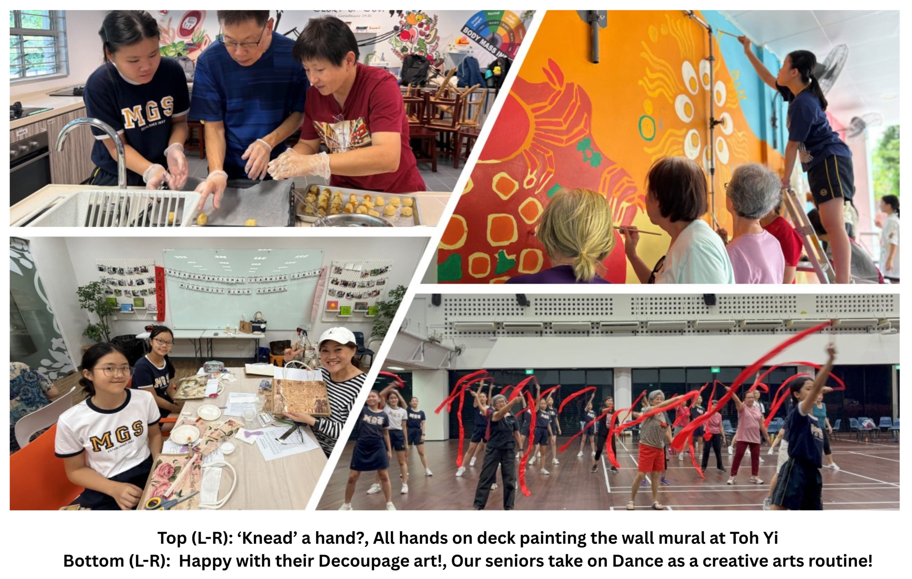 Four photos showing MGS students and seniors cooking, painting a mural, doing decoupage art, and dancing with red ribbons.