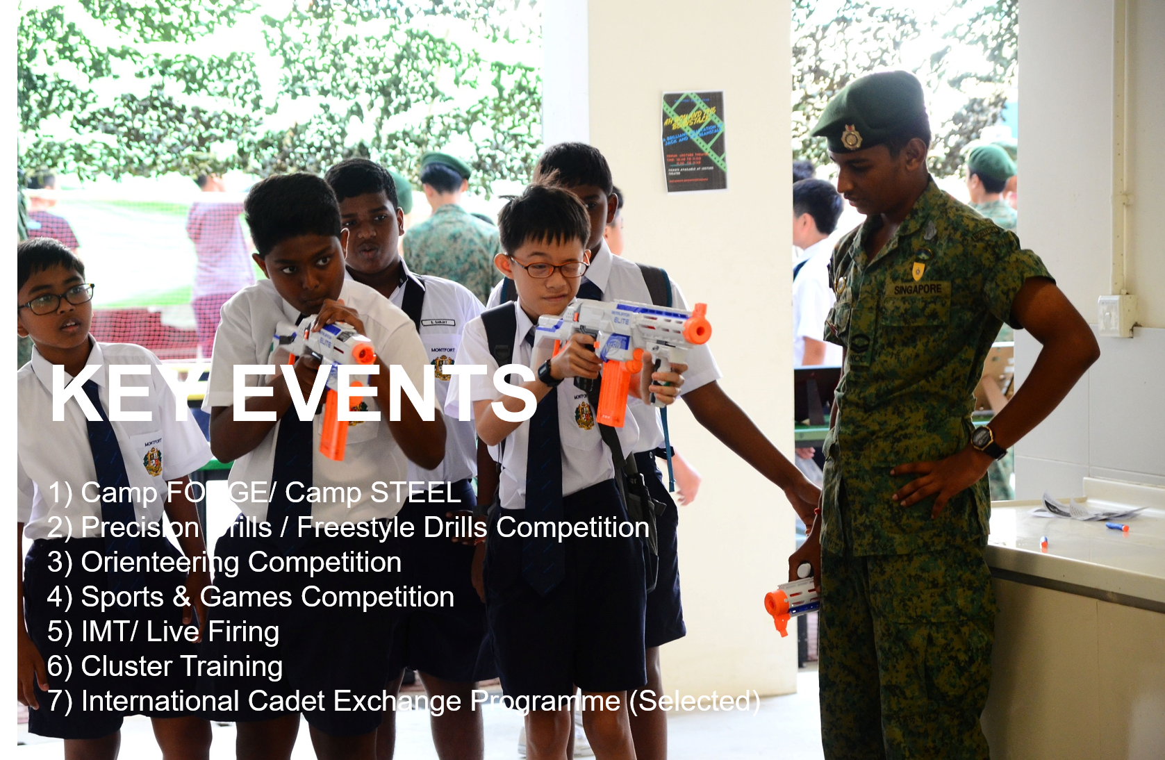 Students in school uniforms aim toy blasters while a soldier in camouflage watches; text lists key events.