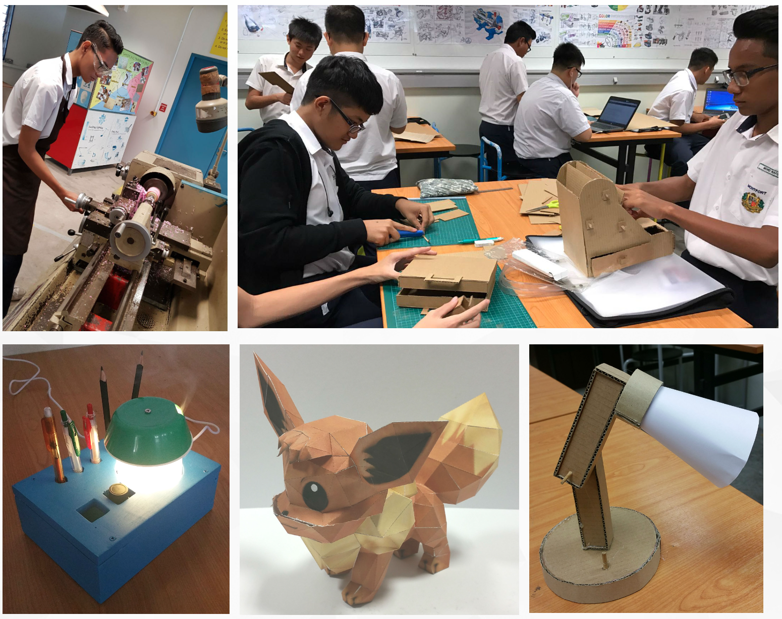 Students working on projects: using a lathe, cutting cardboard, and finished items including a lamp, paper fox, and cardboard desk lamp.