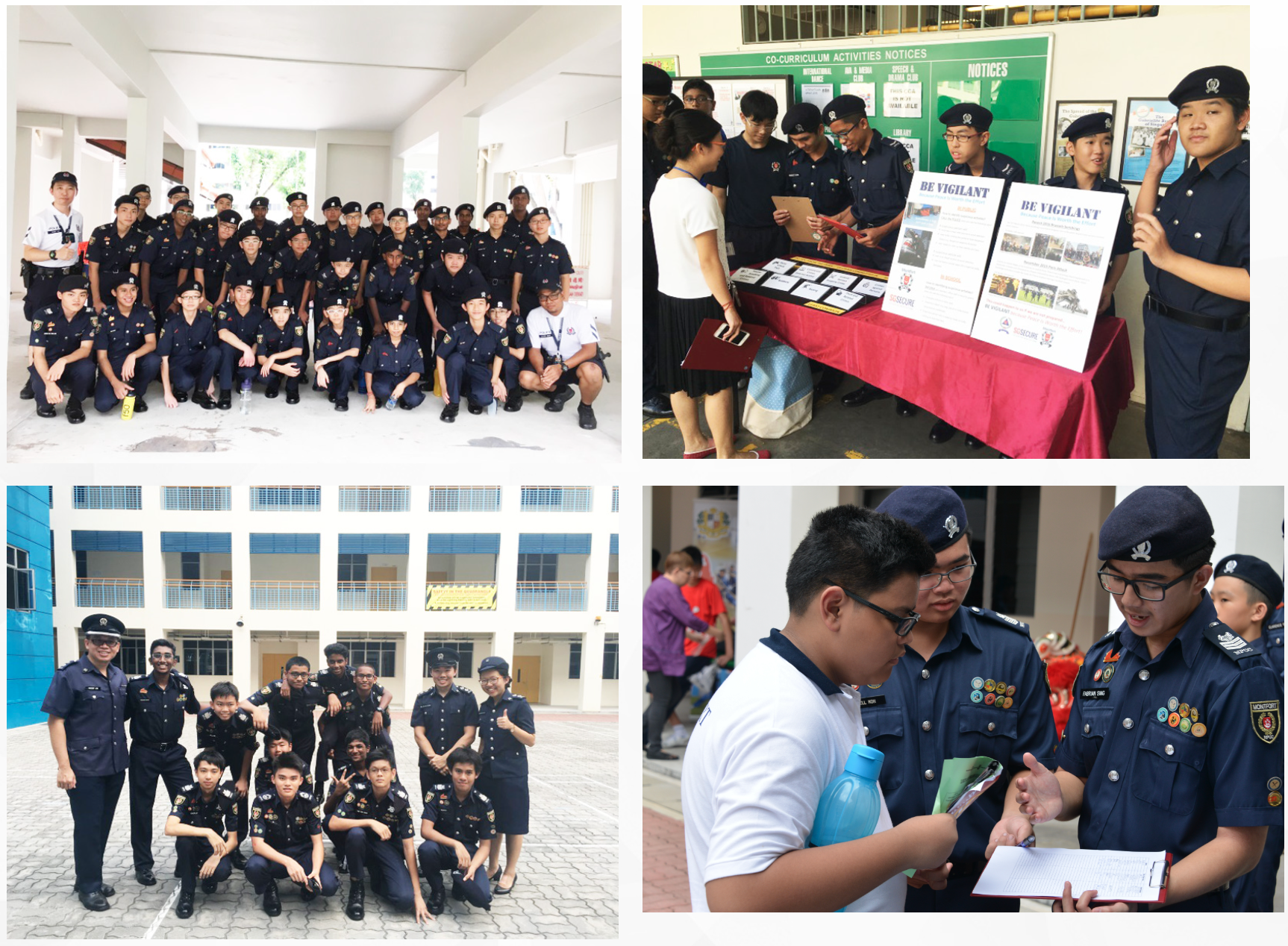 Four photos show uniformed cadets posing in groups and running an information booth, talking to students.