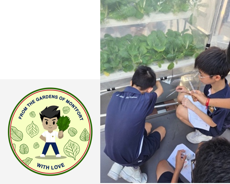 Two boys sit near a hydroponic garden taking notes, beside a circular badge reading "From the Gardens of Montfort With Love."