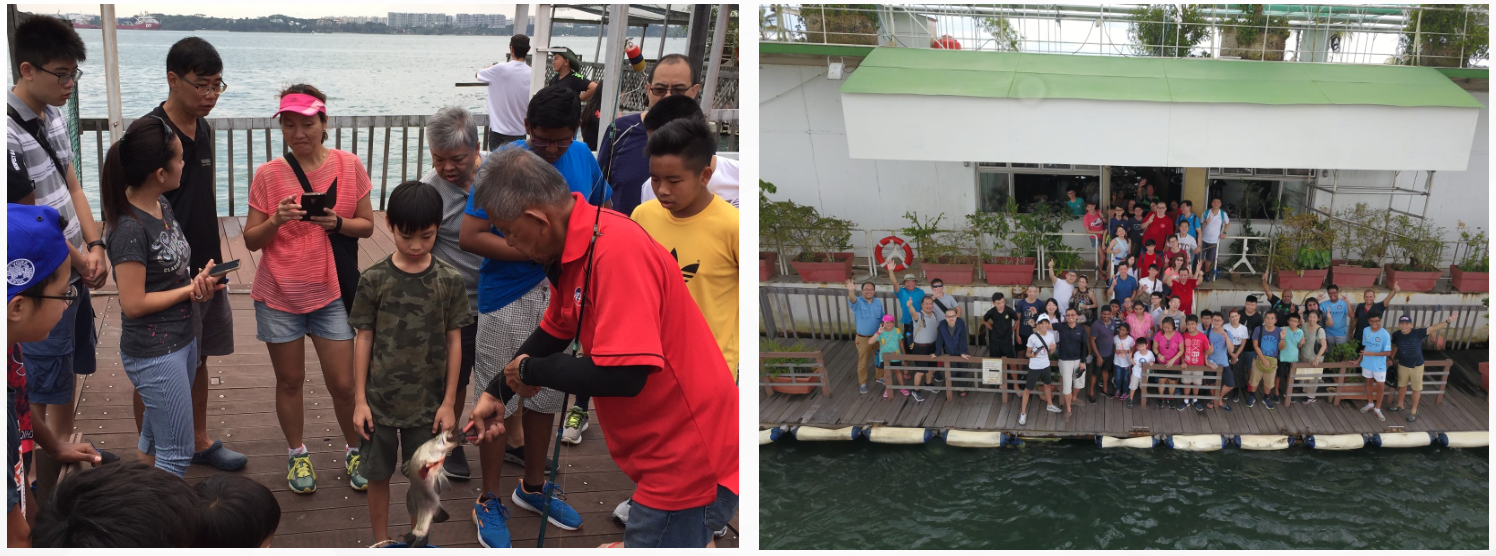 Two scenes at a waterfront dock: a group watching a man holding a caught fish, and a large crowd posing on a pier.