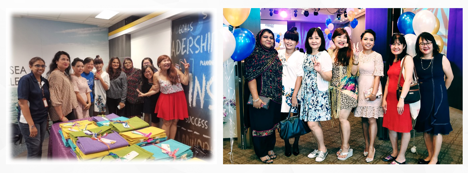 Two group photos of women: one at an event with gift bags, another at a celebration with colorful balloons.
